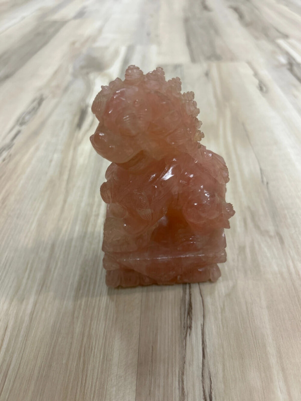 Vintage Carved Chinese Dark Rose Quartz Foo Dog
